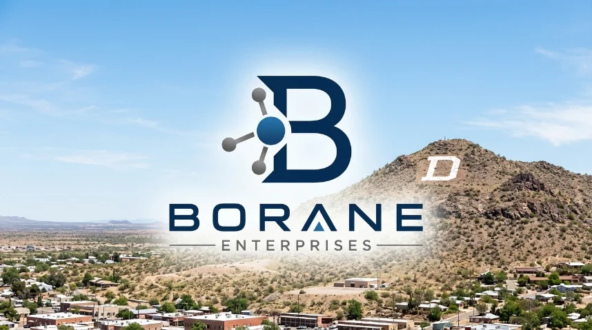 Aerial view of Douglas, Arizona with the Borane Enterprises logo