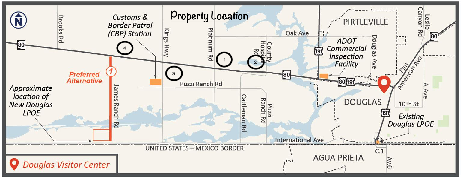 Map of sites 1 to 4 along SR-80, west of Douglas, with the new Douglas LPOE at James Ranch Road